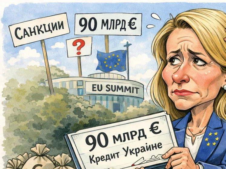 Кая Каллас тримає табличку «90 млрд € кредит Україні» біля EU Summit з мішками грошей