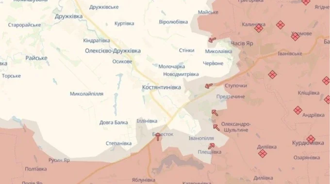 Мапа фронту з просуванням окупантів біля Петропавлівки на Харківщині та Костянтинівки на Донеччині