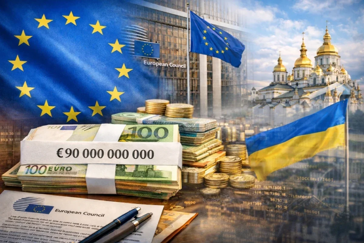 90 млрд євро від ЄС для України: пачки грошей з прапорами та куполами Києва.