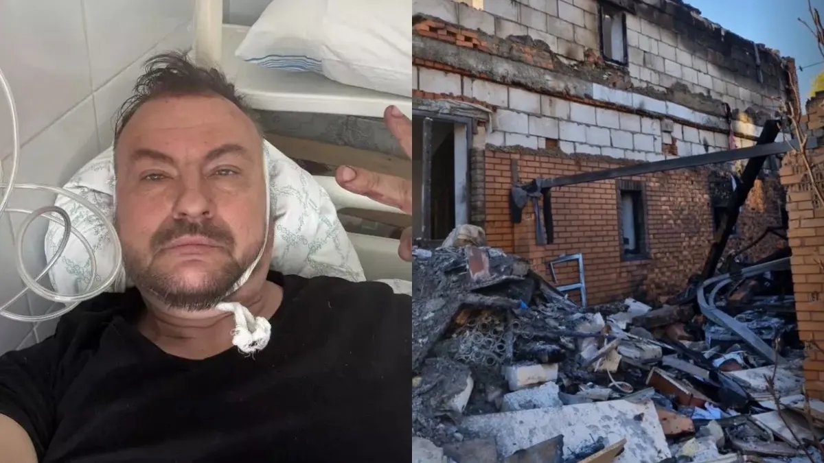 Поранений Сергій Бескрестнов поряд з руїнами будинку, зруйнованого Шахедами