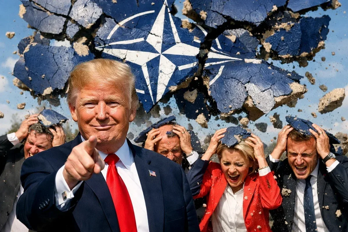 Трамп вказує на панікуючих лідерів НАТО перед розбитим логотипом Альянсу
