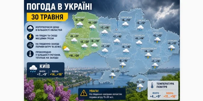 Погода в Україні 30 травня: карта дощів, гроз та температури по областях
