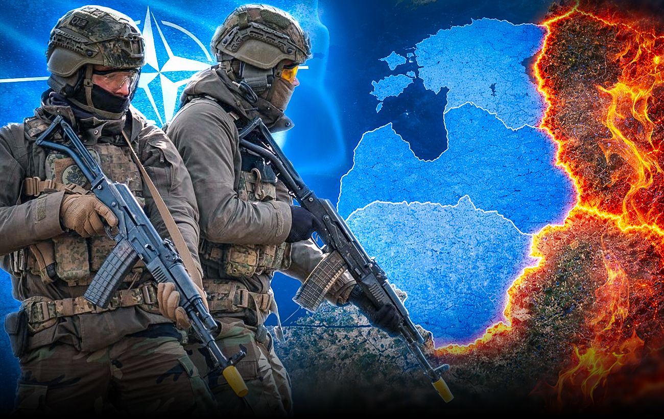 Солдати НАТО на тлі карти України в полумї російської агресії
