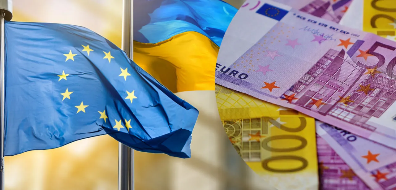 Флаги ЕС и Украины с банкнотами евро символизируют транш в 2,8 млрд
