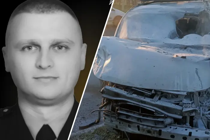Портрет загиблого поліцейського та пошкоджений патрульний автомобіль після нападу на Хмельниччині