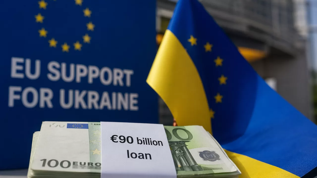 Стопка банкнот по 100 євро з написом €90 billion loan та прапори ЄС і України