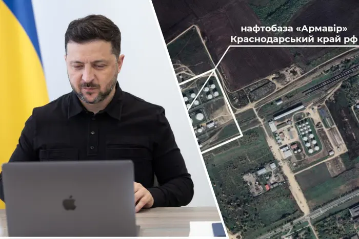 Зеленський на тлі супутникового знімка нафтобази Армавір у Краснодарському краї РФ