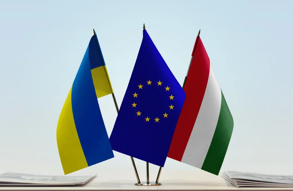 Прапори України, ЄС та Угорщини під час переговорів щодо кластерів