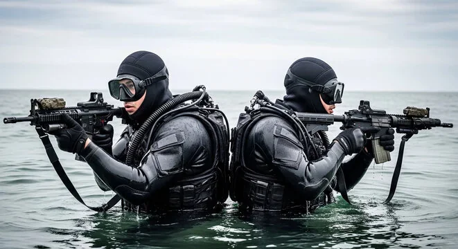 Британські командос у спорядженні зі зброєю під час морської операції