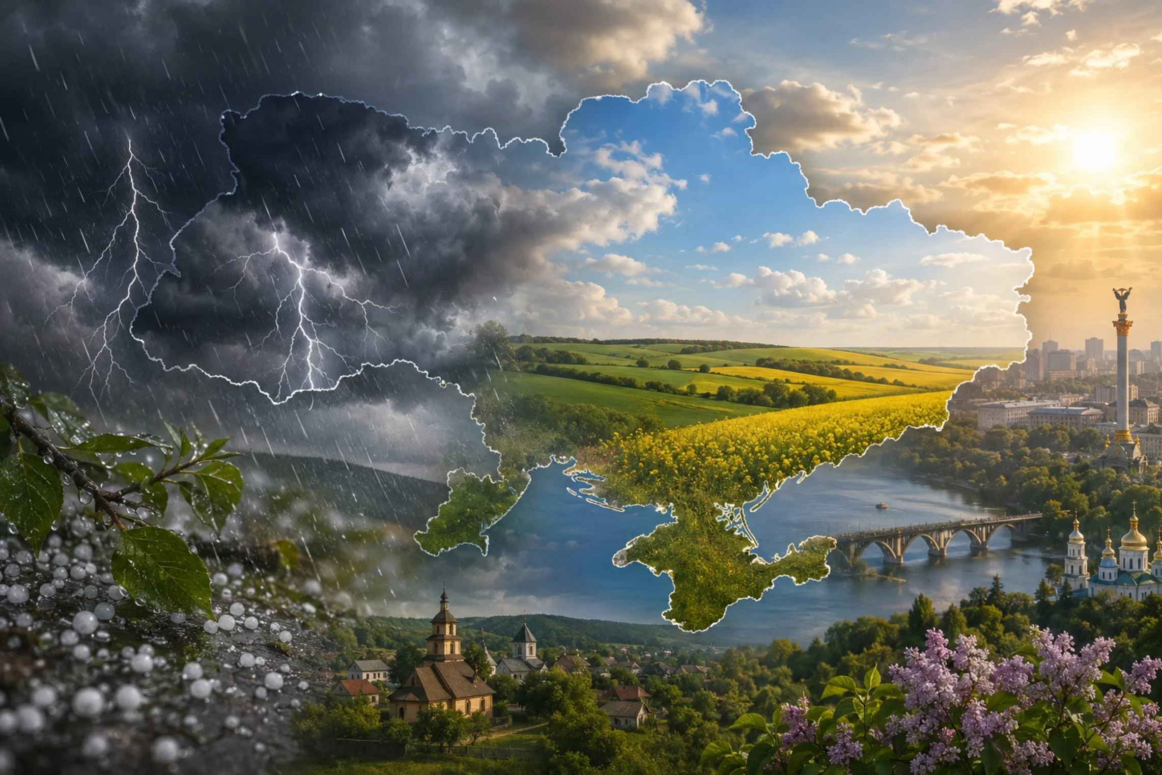 Карта Украины с грозами, дождями и солнечным теплом по прогнозу