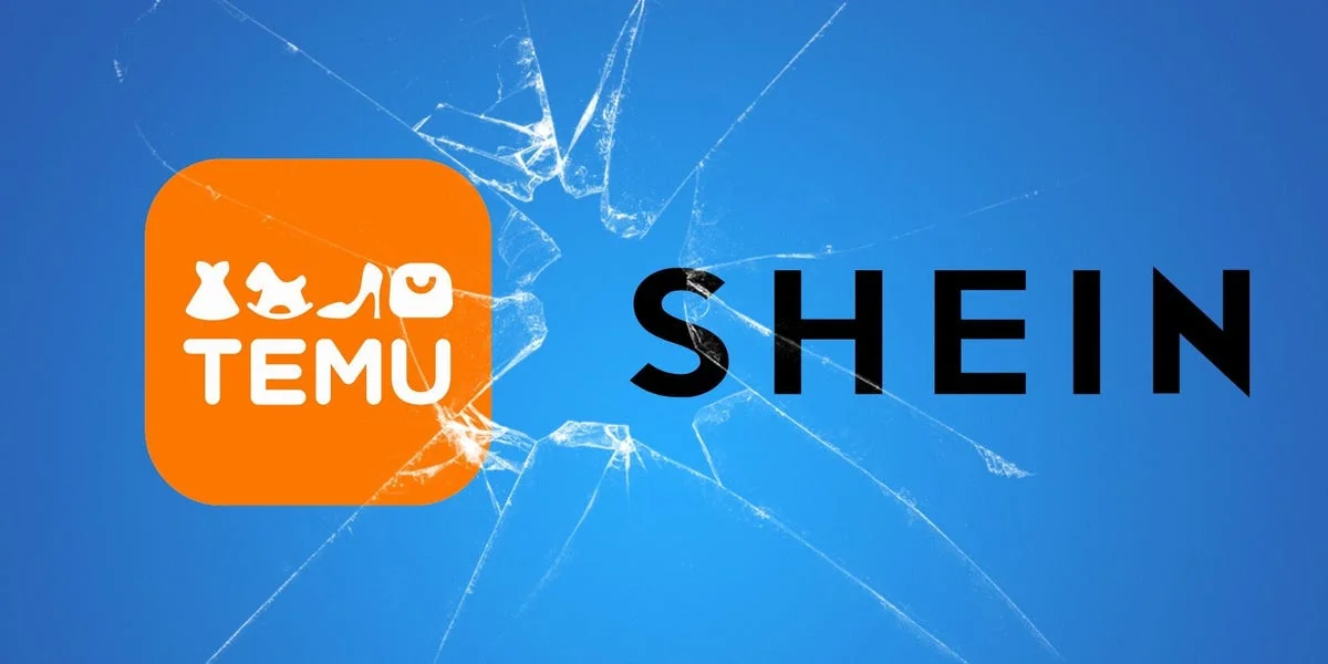Логотипи Shein і Temu з ефектом тріщин як символ обмежень у Франції