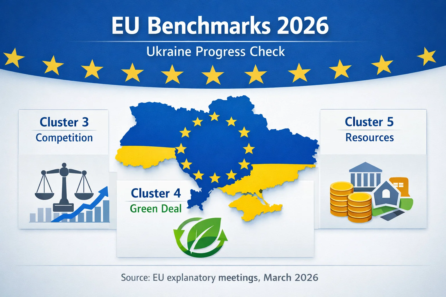 Інфографіка прогресу України за кластерами ЄС: конкуренція, зелена угода та ресурси у 2026 році