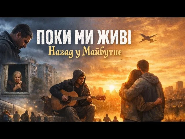 Чоловік з гітарою на даху зруйнованого міста під написом «Поки ми живі»