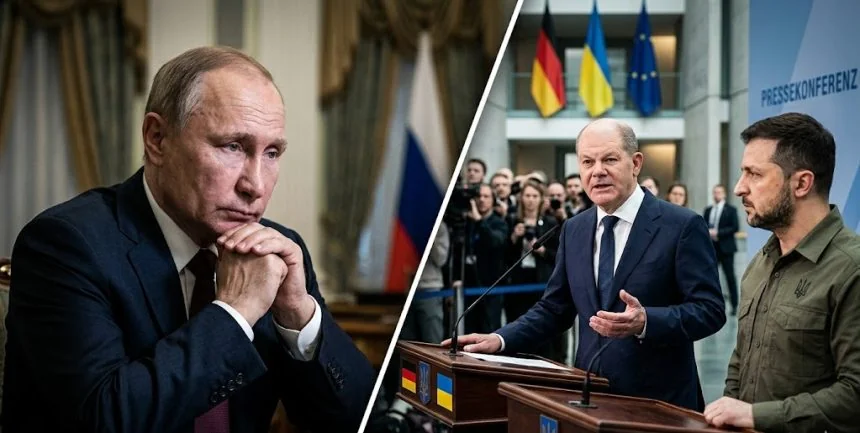 Володимир Путін, канцлер Німеччини та Володимир Зеленський на пресконференції щодо переговорів