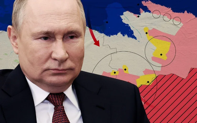 Володимир Путін на тлі карти Східної Європи зі стратегічними позначками