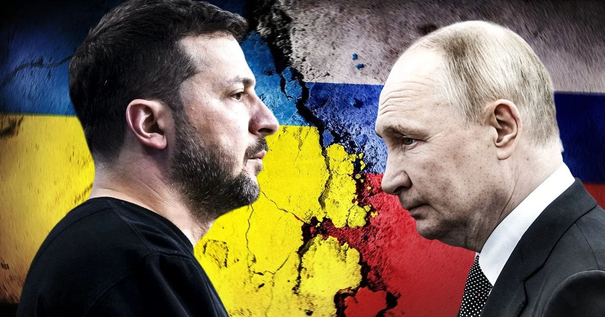 Володимир Путін і Володимир Зеленський на тлі тріснутої української символіки
