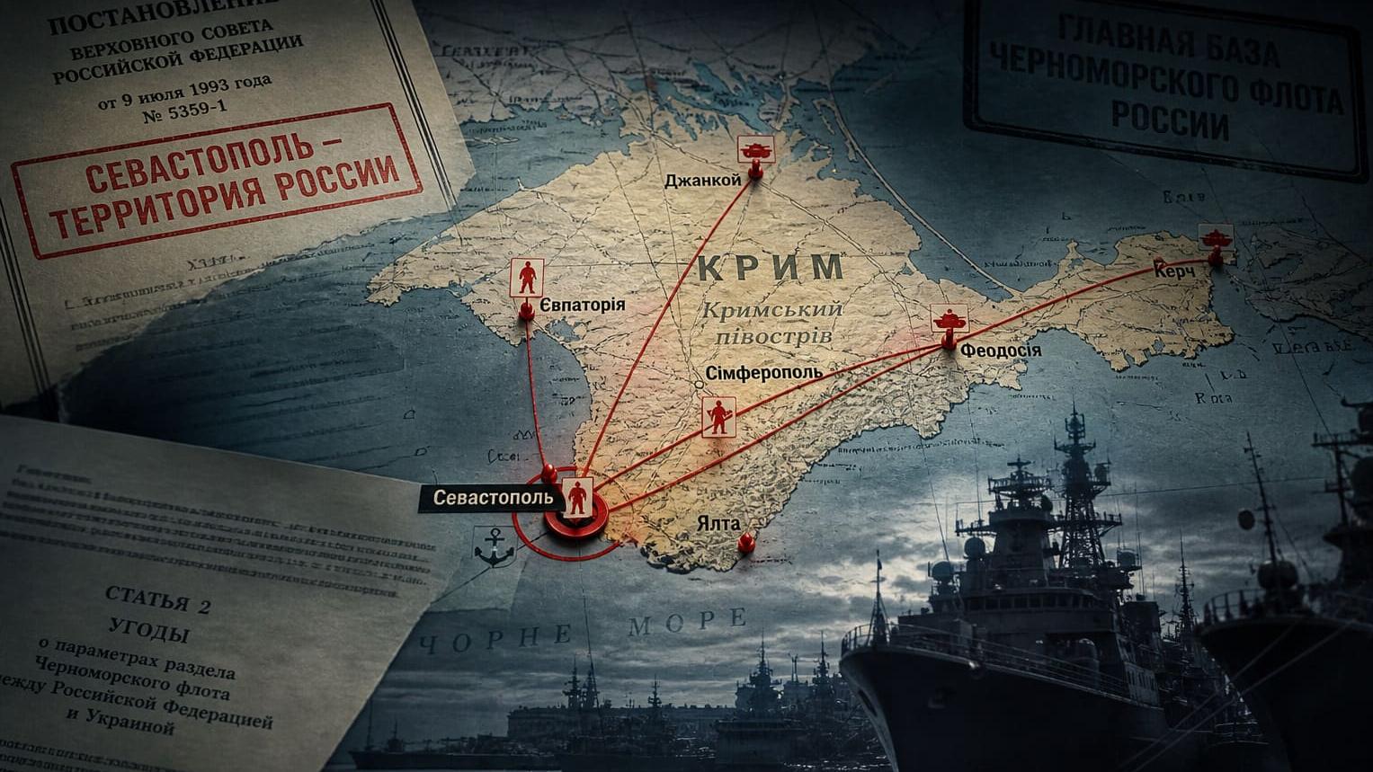 Карта Криму та Севастополя з позначками Чорноморського флоту РФ