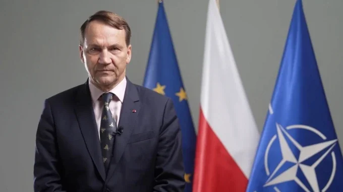Радослав Сікорський на тлі прапорів ЄС, Польщі та НАТО щодо ордена Зеленського