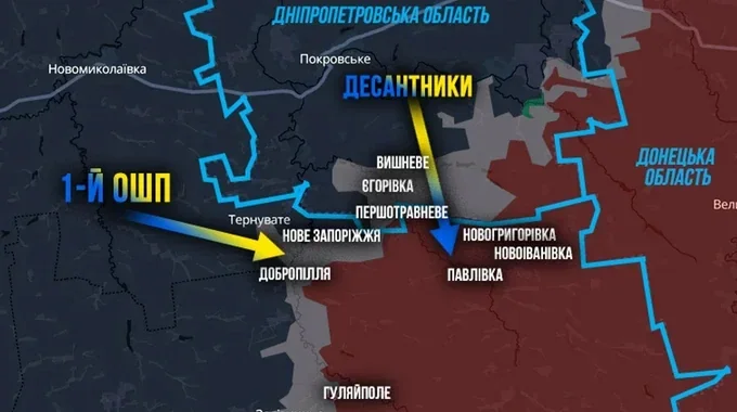 Мапа Олександрівського напрямку з позначками районів дій десантників