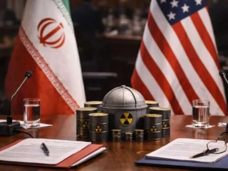Модель ядерного реактора між прапорами Ірану та США на переговорах