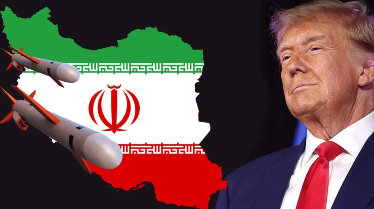 Дональд Трамп на тлі карти Ірану з двома ракетами