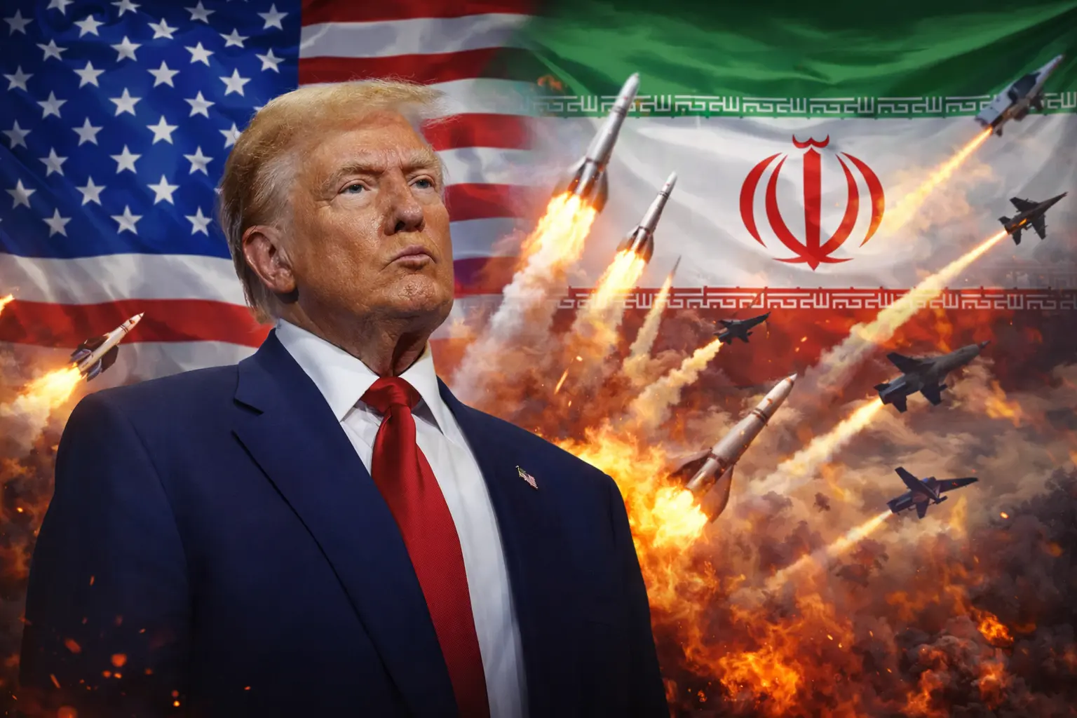 Дональд Трамп на тлі прапорів США та Ірану з ракетними ударами
