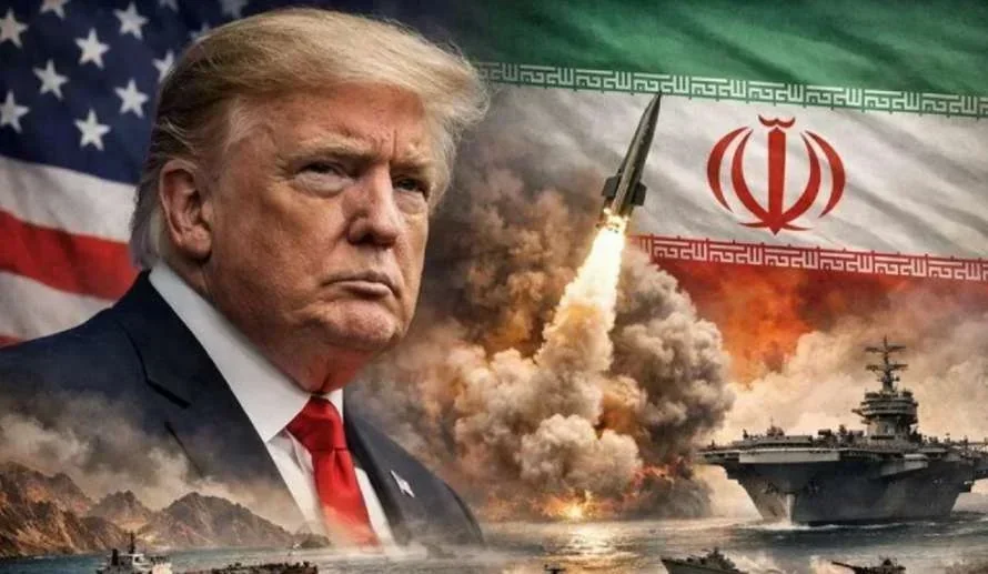 Трамп на фоне флагов США и Ирана с ракетой и авианосцем