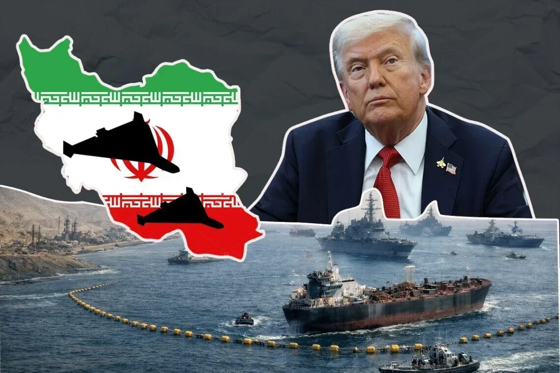 Дональд Трамп на тлі карти Ірану та морської блокади в Ормузькій протоці