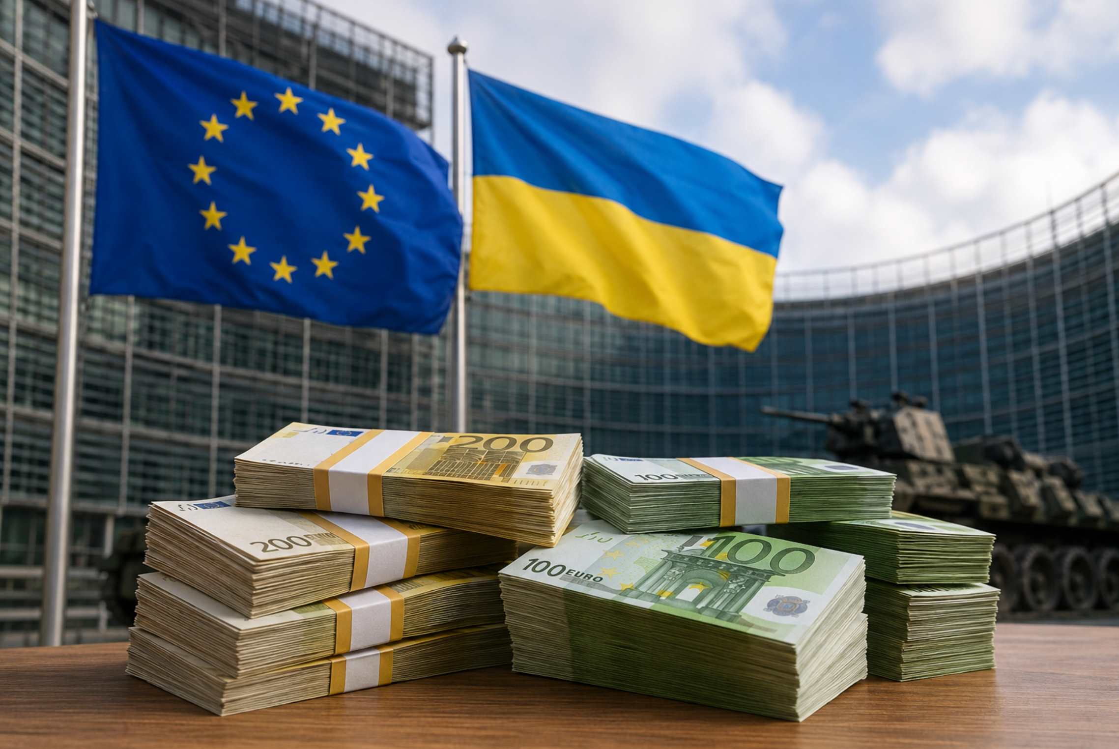 Прапори ЄС та України над пачками євро і бронетехнікою для дронів