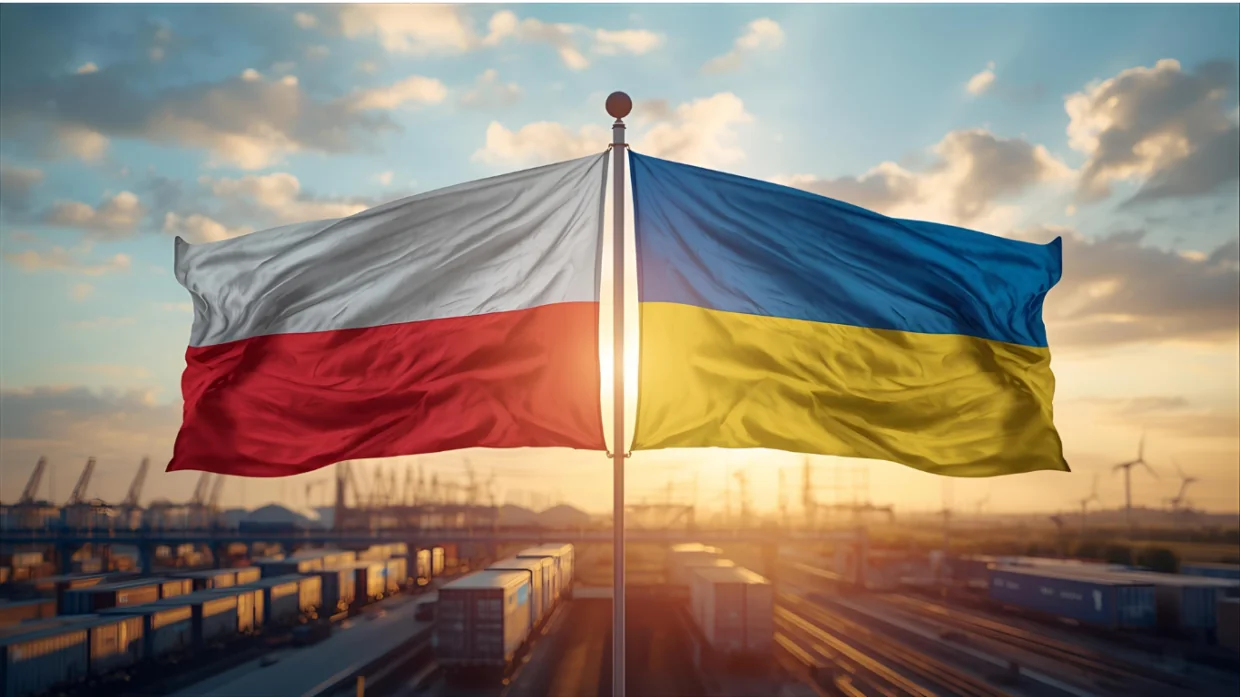 Прапори України та Польщі разом на флагштоку як символ союзу