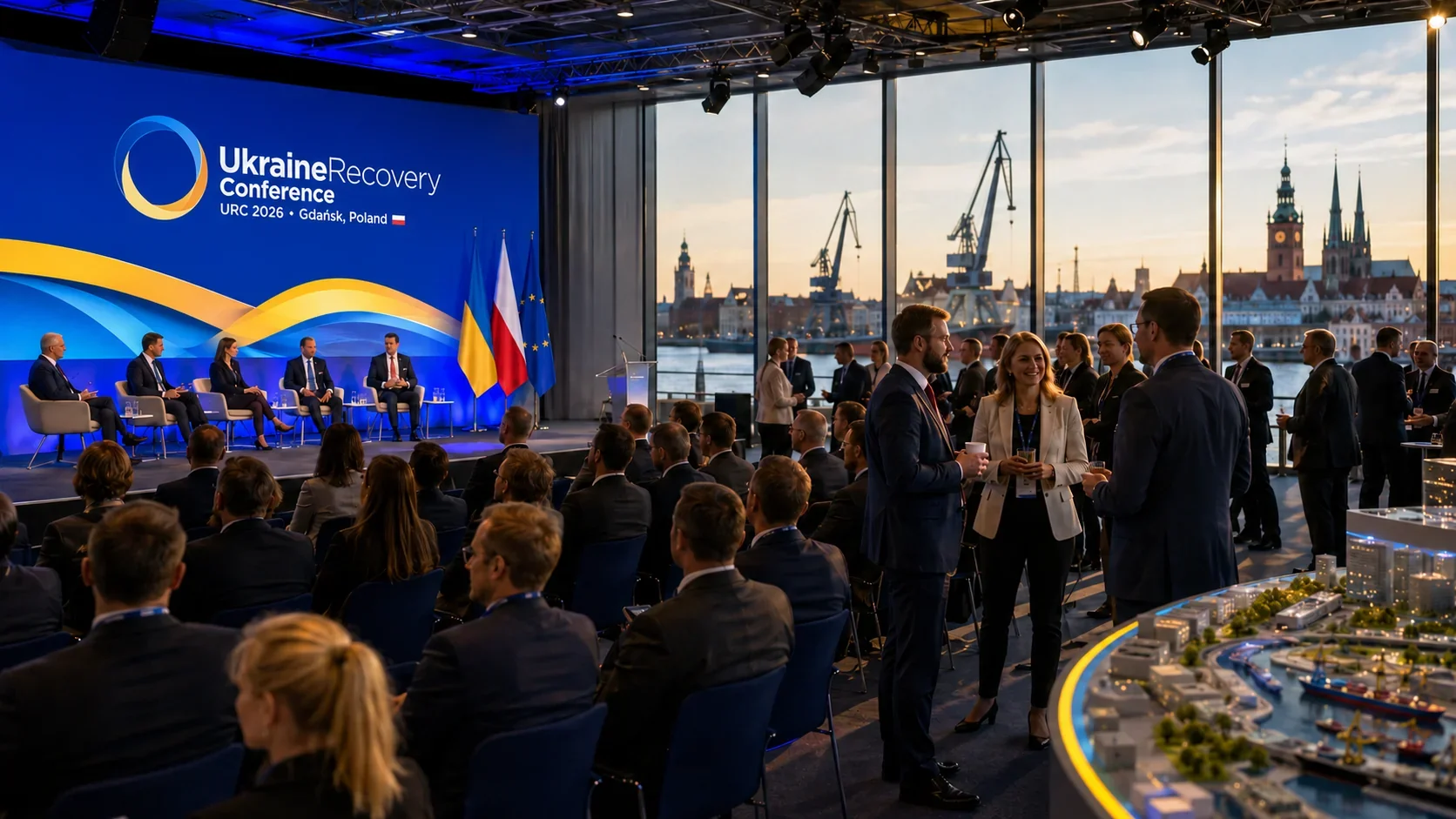 Учасники конференції відновлення України URC 2026 на сцені та в залі Гданська