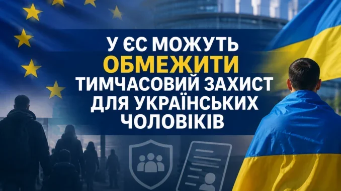 Прапори ЄС та України з текстом про обмеження тимчасового захисту для українських чоловіків