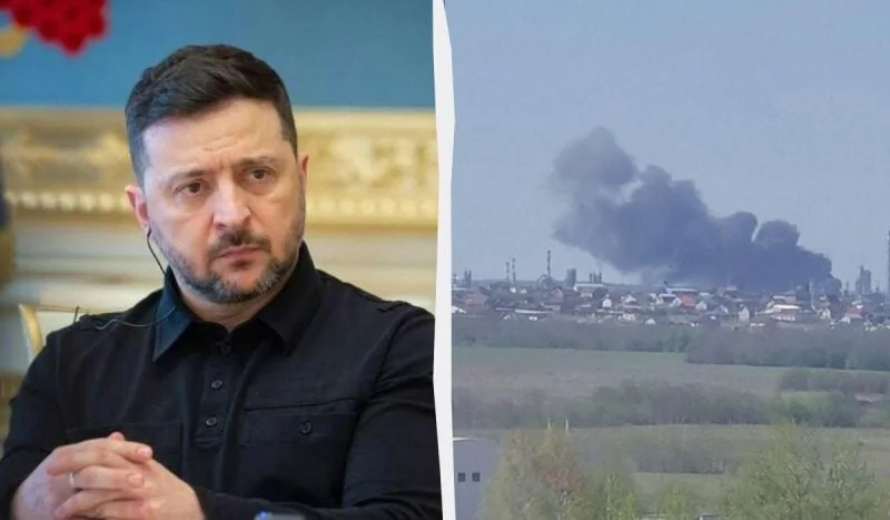 Володимир Зеленський та дим від ударів по обєктах у Росії