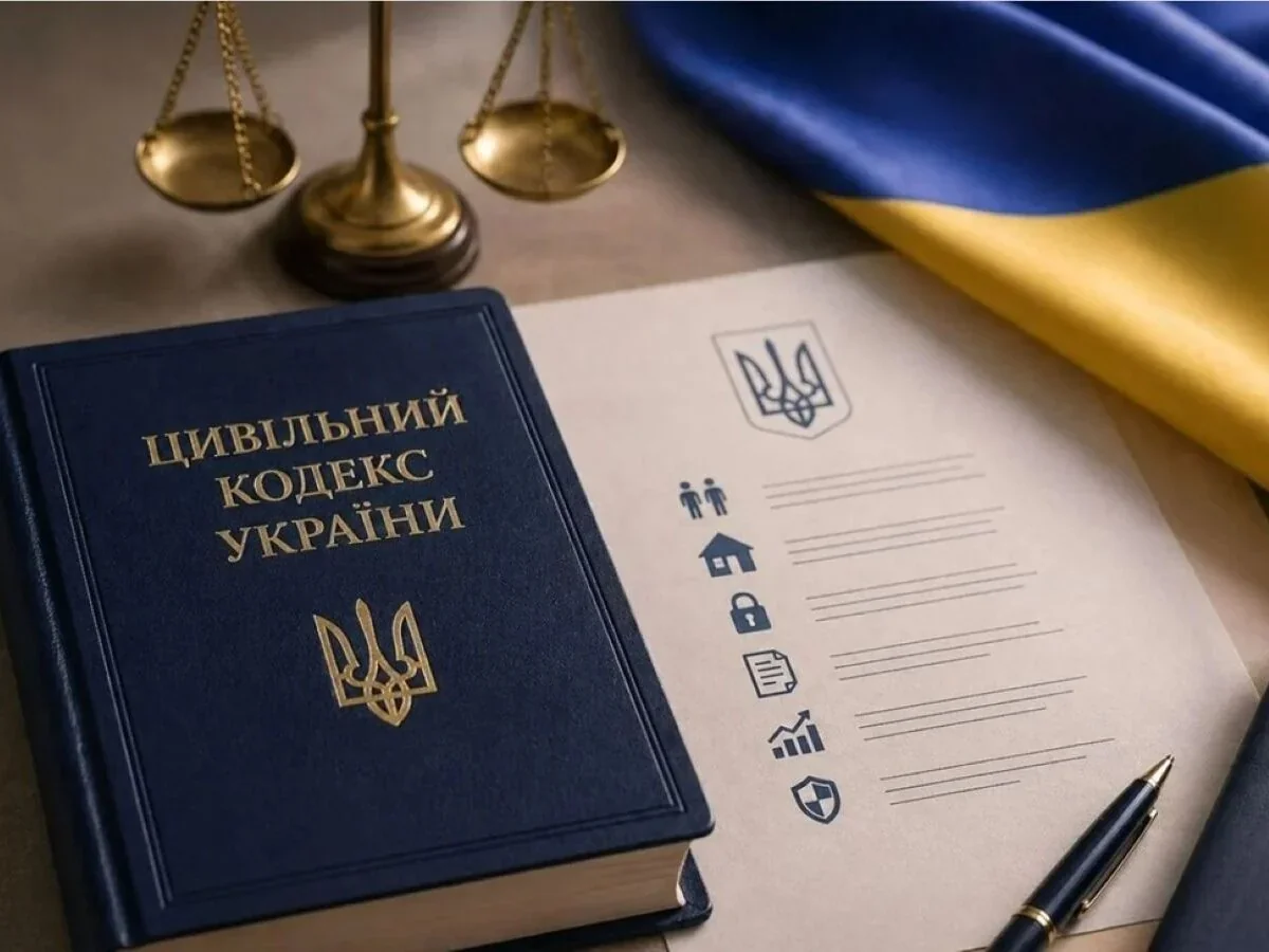 Цивільний кодекс України з вагами правосуддя та державним прапором